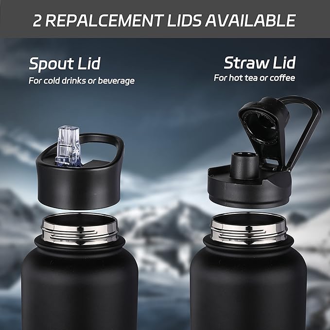 HASLE OUTFITTERS 40oz Stainless Steel Water Bottle, Vacuum Insulated Double Walled Leak Proof Sports Water Bottle with 2 Lids (Straw and Spout Lid) Thermo Mug Keep Cold and Hot(Black,1)