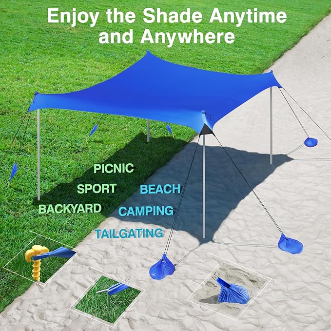 Rhino Valley Beach Tent Shade Canopy UPF50+ Protection, 8 Sandbags, 4 Stability Poles, Outdoor Sun Shelter Umbrella for Sand, Camping, Fishing Essentials