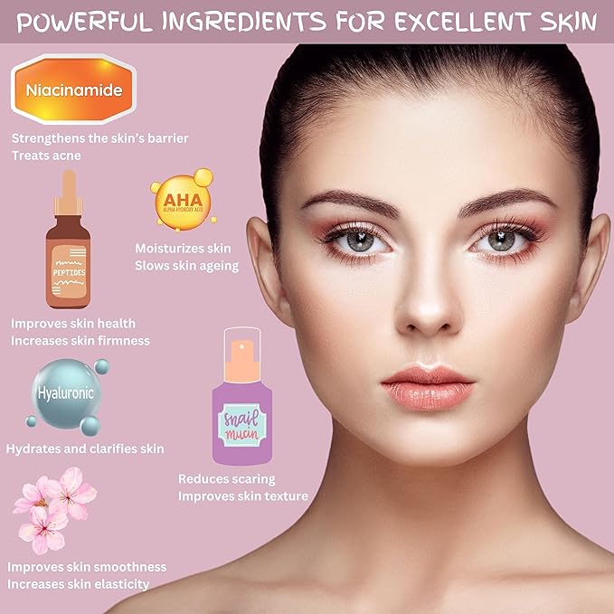 Luxurious Korean Style Cherry Blossom Facial Cleanser & Moisturizer Set Facial Cleanser, Moisturizer, Revitalizer, Serum, Rejuvenator, Eye Cream, Daily Skincare Routine, Retinol-Free, All-skin types