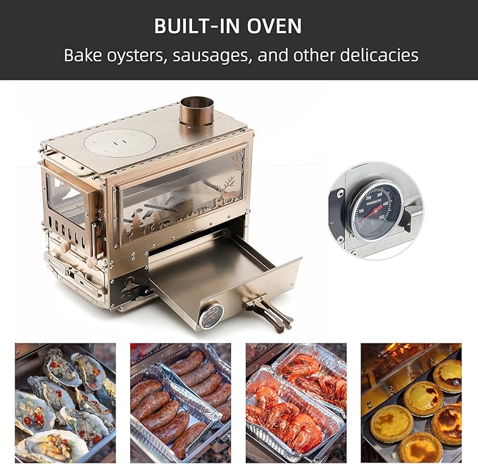 Stainless Steel Portable Wood Burning Stove with Oven & Camping Table, 6 Chimney Pipe for Outdoor Camping, Cooking, Tents, BBQ, Hiking, Fishing, Backpacking