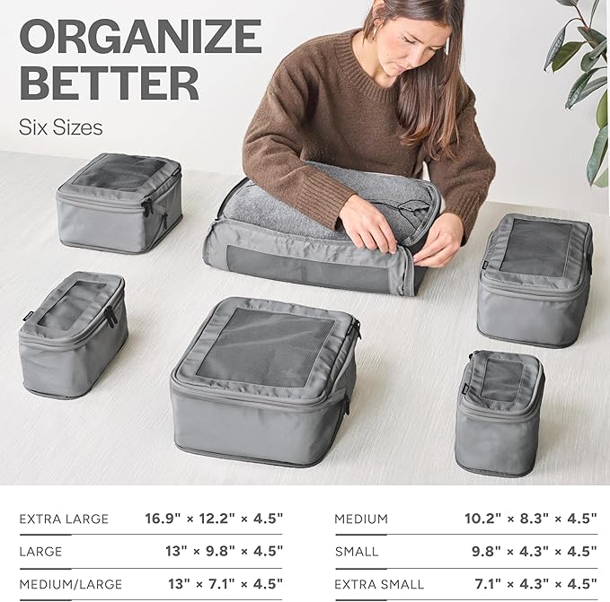 Compression Packing Cubes for Travel - Luggage Organizer Bags - Double Zipper Packing Cubes for Suitcases (6-Pack, Dark Grey)