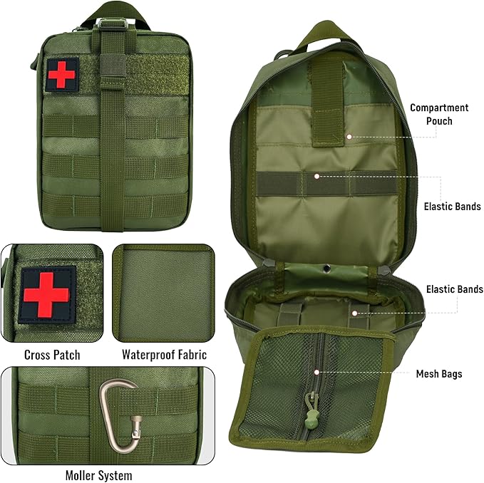 Survival First Aid Kit, MOLLE Medical Pouch Tactical First Aid Kit for Home, Car, Hiking, Travel, Camping, ArmyGreen