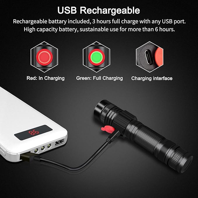 DARKBEAM LED Flashlight Rechargeable USB 2000 High Lumens, Small and Bright Pocket Flashlights, Focus Adjustable Water Resistant Handheld Flash Light for Camping, Outdoor, Emergency