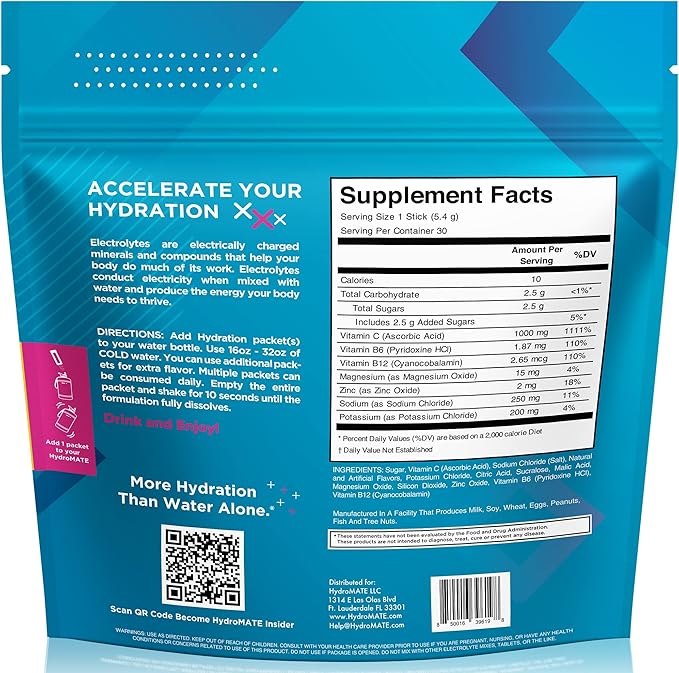 HydroMATE Electrolyte Powder Fruit Punch Hydration Packets Low Sugar 30 Count