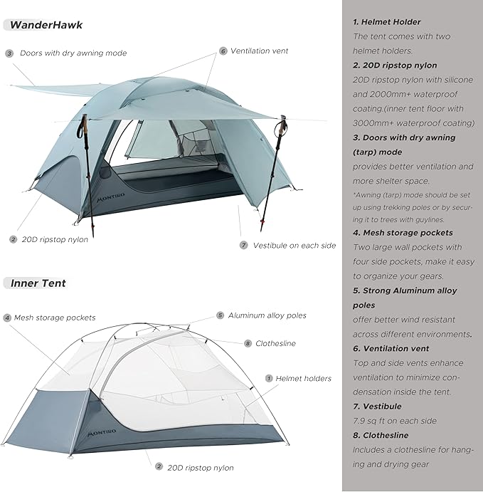 Wander Hawk 2-Person Backpacking Tent, Lightweight 2 Person Tent for Bikepacking Backpacking Camping & Hiking