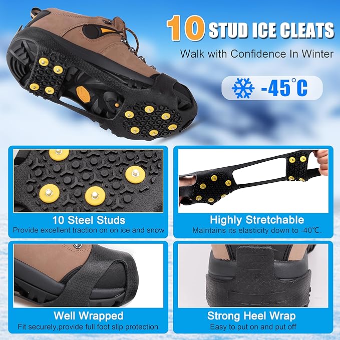 Ice Snow Cleats for Shoes Boots,Walk Traction Cleats Rubber Crampons Anti Slip 10-Stud Winter Ice Cleat Slip-on Stretch Footwear for Women Men Kids