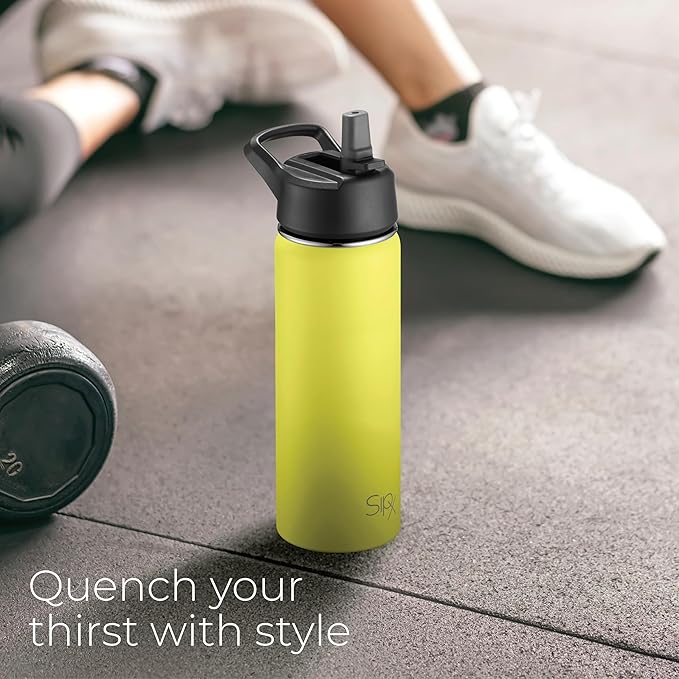 SipX™ Triple-Insulated Stainless Steel Water Bottle 18oz. With 3 Lids, BPA-Free Reusable Insulated Water Bottle Keeps Cold 24 Hours, (Yellow)