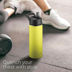 SipX™ Triple-Insulated Stainless Steel Water Bottle 18oz. With 3 Lids, BPA-Free Reusable Insulated Water Bottle Keeps Cold 24 Hours, (Yellow)