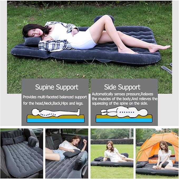 Inflatable Car Air Mattress Back Seat Bed with Air Pump,Portable Thickened Car Travel Camping Sleeping Air Mattress Blow Up Bed for Car Universal SUV