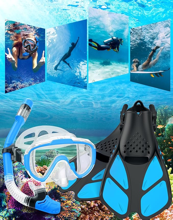Snorkeling Gear for Adults Men Women,4 in 1 Snorkel Set with Panoramic View Diving Mask Anti-Fog Anti-Leak,Dry Top Snorkel,Fins and Travel Bag for Swimming,Snorkeling and Travel Diving