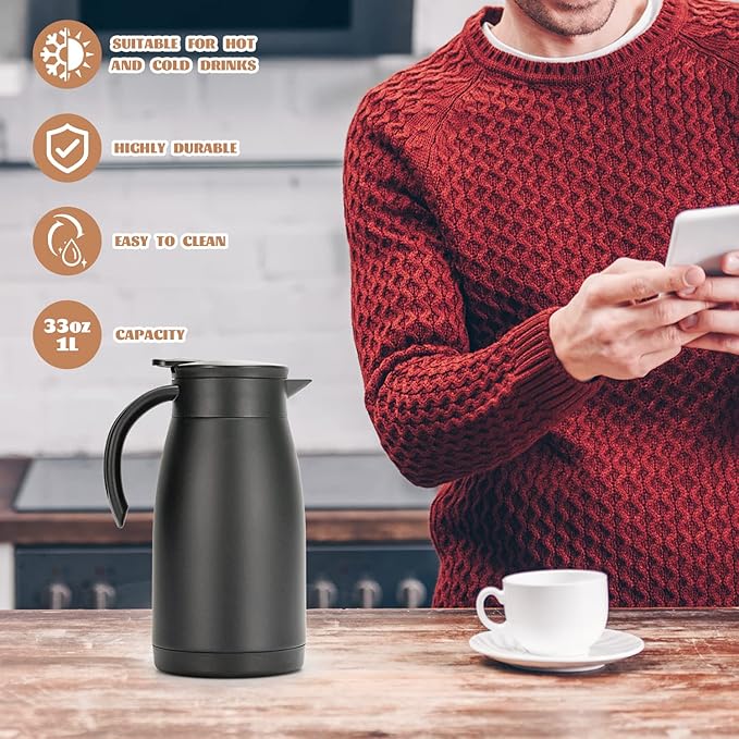 34 Oz Thermal Coffee Carafe, Stainless Steel Insulated Vacuum Coffee Carafes For Keeping Hot, 1 Liter Tea, Water, and Coffee Beverage Dispenser(Black)