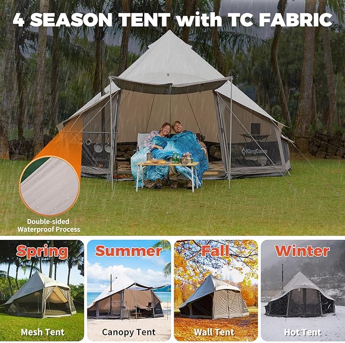 KingCamp Canvas Bell Yurt Tents, 4 Seasons Large Waterproof & Windproof Luxury Glamping Tent w/Stove Jack for Family Outdoor Camping, Hunting, Parties
