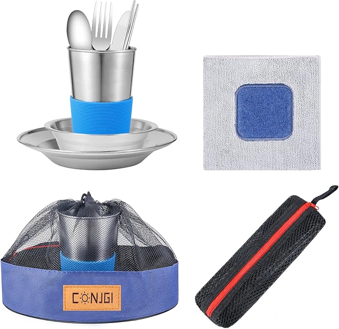 Outdoor Camping Mess Kit - 1 to 2 persons Camping Dishes Includes Cups, Bowls, Dishes, Knives, Forks, Spoons, Etc, Camping Dinnerware Set with Mesh Bag is Easy to Carry Camping Tableware Set