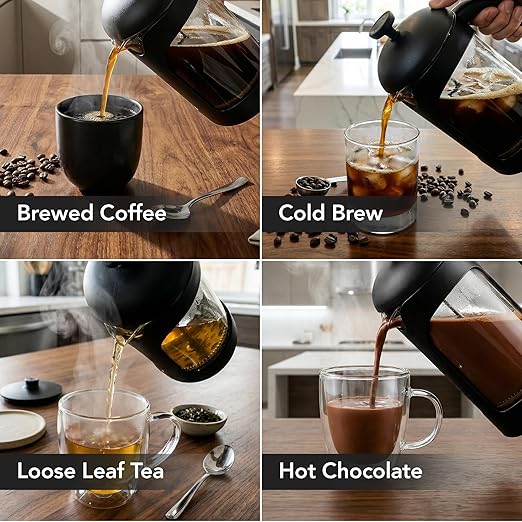 OVENTE French Press Coffee Maker 34 Ounce with Heat Resistant Borosilicate Glass & Stainless Steel 4-Level Filtration System, Portable Cold Brew Coffee Maker for Travel, Camping or Gift, Black FPB34B