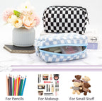 PAZIMIIK Checkered Makeup Bag for Purse Portable Zipper Make Up Pouch Small Cosmetic Case for Travel Accessories (2PCS Blue Light Green)