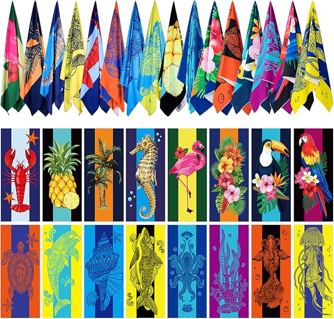 Redbaker 16 Packs 31 x 63 Inches Oversized Hawaiian Beach Towel Bulk Extra Large Pool Towels Set Microfiber Quick Dry Swim Towel Blanket for Women Men Adult Bath Travel(Vibrant Color)