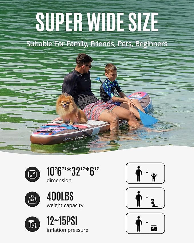 ZLX Inflatable Stand Up Paddle Board, 10'6" SUP Non-Slip Stable Deck Pad, Unique Center Fin, Premium Accessories, Portable Paddleboard for Adults, Beginners, All Skill Levels