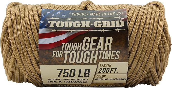 TOUGH-GRID Paracord Rope 750 lbs Nylon Parachute Cord, Made in USA Survival Kit, Outdoor Adventures, Camping, Tactical Gear & Emergency Supplies, Military Type IV Mil-Spec