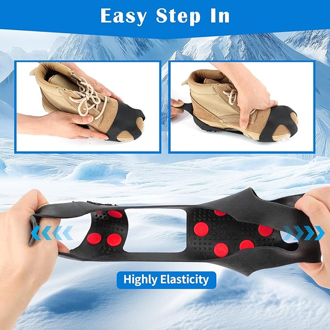 Anti Slip Ice Cleats, Ice Snow Traction Cleats for Walking on Snow and Ice, 10 Steel Studs Crampons, Ice Snow Grips with Extra 20 Replacement Studs for Shoes and Boots