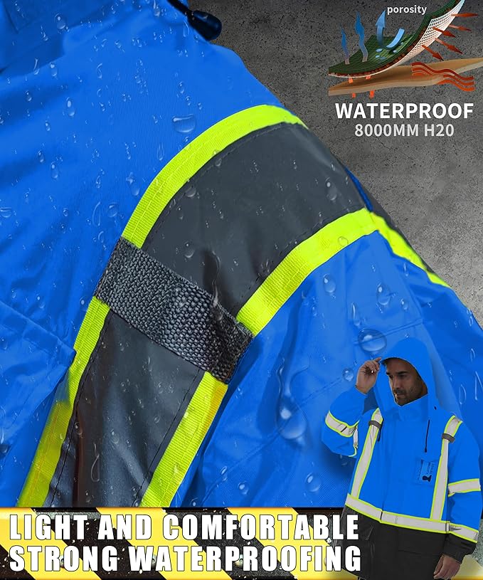 Hi Vis Rain Jacket, Rain Suits for Men with Removable Hood, Rain Coats for Men Interior Mesh, Class 3 High Visibility Rain Gear,Waterproof Zipper Blue 2XL/3XL