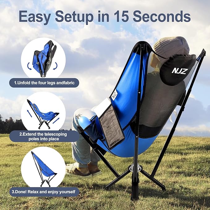 High Back Camping Chairs for Adults - 600 LBS Capacity Stable Outdoor Folding Chair with Comfortable Backrest & Headrest, Quick Setup - Portable Chair for Road Trip, Sports, Car Camping - Blue