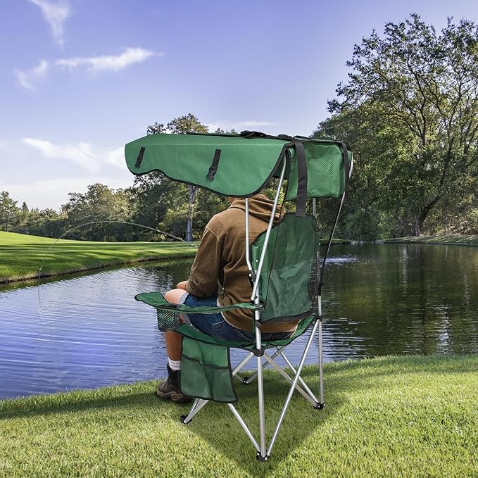 Portable Camping Chair with Canopy Shade- Folding Camping Lounge Chair with Cup Holder & Side Pocket for Outdoor Camping, Fishing, Beach - Support 330 LBS (GREEN-2PK)