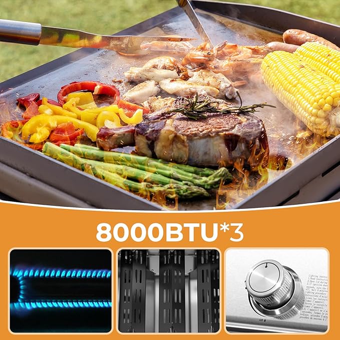 R.W.FLAME 3-Burner Tabletop Propane Gas Grill Stainless Steel Portable Outdoor Griddle,24,000 BTU Compact Flat Top Camping BBQ Grill,347 Sq. In. Cooking Area