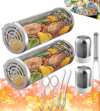 Rolling Grilling Baskets for Outdoor Grill Bbq Net Tube Must Have Large Round Mesh Barbecue Cylinder Cage Gadgets Cooking Accessories Essentials for Picnic Vegetable Fish Meat Veggies, Gift for Men