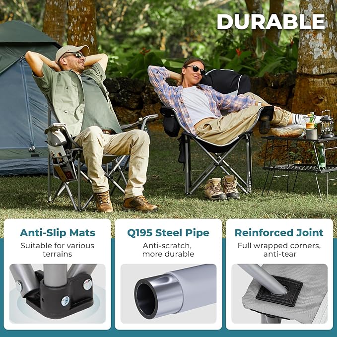 FUNDANGO Folding Camping Chair Heavy Duty, Oversized 440 Lbs Support Outdoor Camp Chairs with Lumbar Support & Cooler Pocket for Fishing Backyard Sports Beach Garden (Grey)