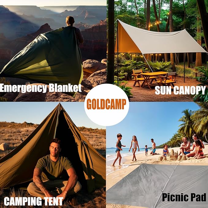 GOLDCAMP Waterproof Camping Tarp，70D Nylon 10X10FT Hammock Rain Fly ，UV 50+ and PU15000mm Tent Tarp Shelter Canopy，Heavy Duty Multifunctional Sun Shade or Rain Fly Essentials for Hiking Backpacking