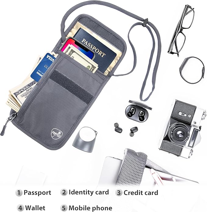 SUPACOOL Neck Wallet, RFID Blocking Passport Holder, Travel Pouch, Hidden Neck Pouch for Travel(Grey)