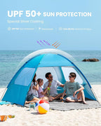 OutdoorMaster Beach Tent for 3/4 Person - Easy Setup Sun Shade Shelter, Portable Beach Shade Sun Canopy with UPF 50+ UV Protection, Removable Skylight Family Size