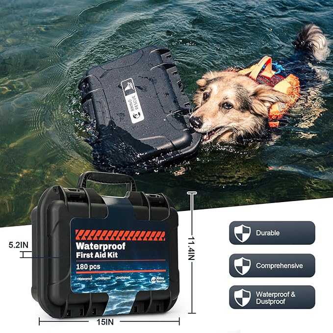 RHINO RESCUE Waterproof Marine First Aid Kit for Boat Durable First Aid Box for Crews with Emergency Medical Supplies for Travel & Fishing (Black)