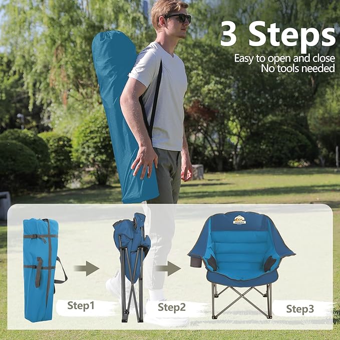 Colegence Oversized XL Padded Camping Chair Set of 2 Wide Heavy Duty Lawn Chairs Support 450 LBS Portable Folding Gaint Plus Camp Chair for Outdoor Outside Sports Baseball Soccer-Blue