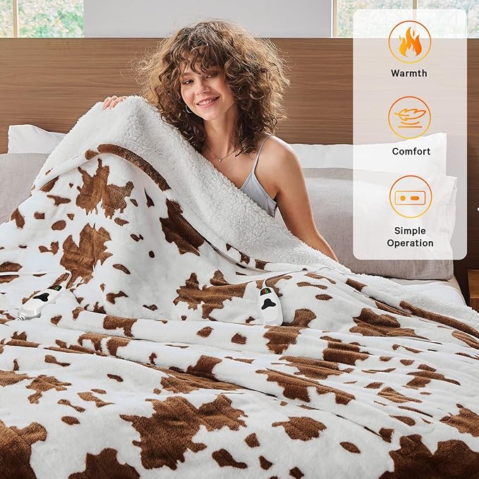 Cow Print Heated Electric Blanket Twin Size,62X84 Brown Heating Blanket with 10 Heats Levels & 8 Hours Auto Off,Highland Cow Fleece Sherpa Blankets Warmer Gifts for Women Adults Couch,Washable,ETL