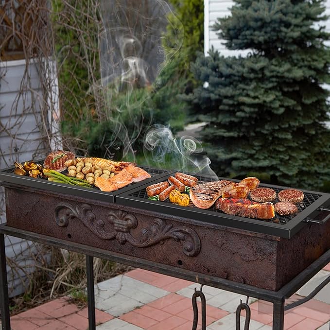 only fire Foldable X-Marks Fire Pit Cooking Grate, Portable Rectangle Campfire Grill Grate with Handles, Heavy Duty Steel Campfire BBQ Grill for Outdoor, 44 inch