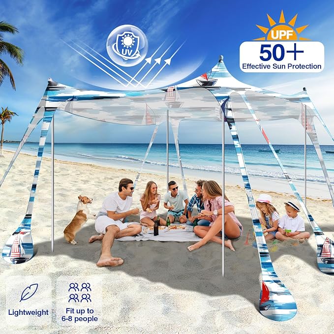 Rhino Valley Beach Tent Shade Canopy UPF50+ Protection, 8 Sandbags, 4 Stability Poles, Outdoor Sun Shelter Umbrella for Sand, Camping, Fishing Essentials