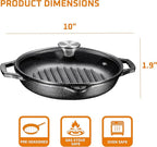 Bruntmor Enameled Cast Iron Skillets - 10-Inch Round Grill Pans for Stove Tops with Glass Lid - 3.5 Quarts Large Frying Pan with Double Loop Handles - Safe for Oven and All Cooking Tops - Black