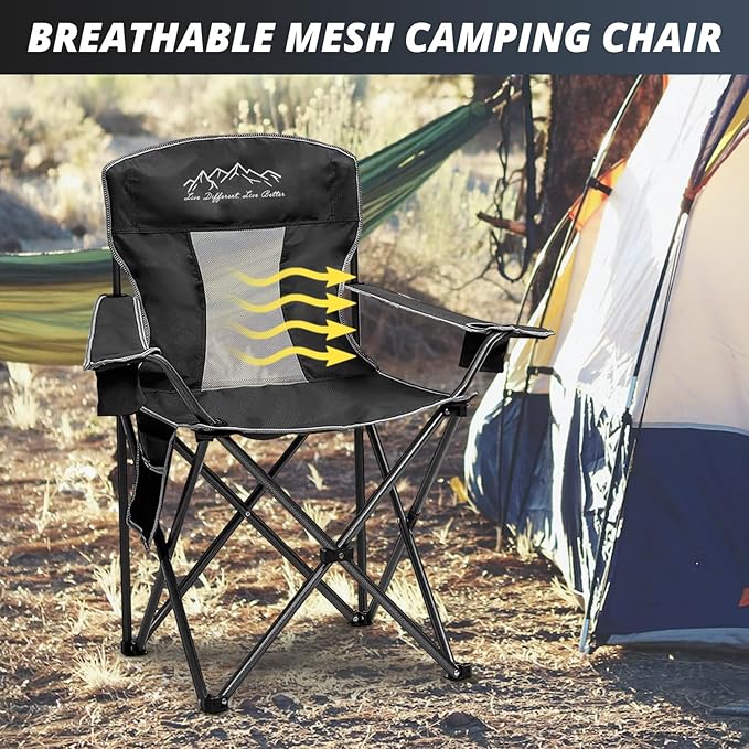 2PCS Mesh Folding Camping Chairs, Oversized Portable Outdoor Chairs, Weight Capacity 325 lbs with Cup Holder, Storage Pocket, Carry Bag Black