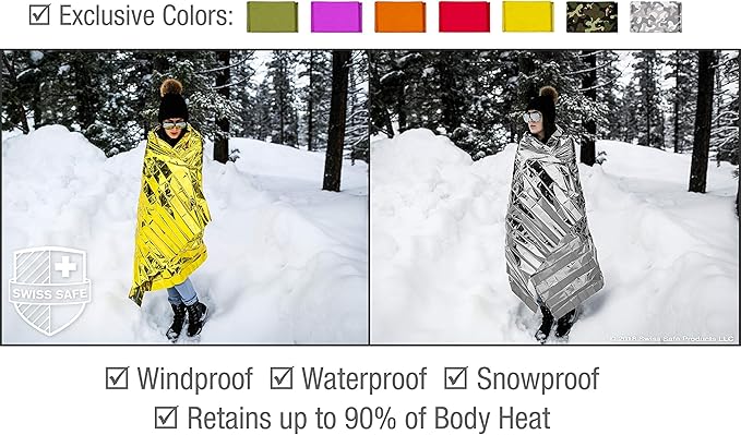 Swiss Safe 4 Pack Mylar Emergency Blankets for Survival - Compact & Insulated for Cold Weather - Designed for NASA, Outdoor, Running, Camping, Survival, First Aid Car Kit - Silver, 4 Pack