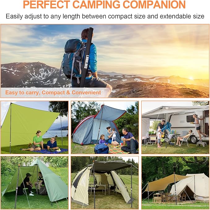 CAMULAND Tent Poles, Heavy Duty Tarp Poles Canopy Poles Aluminum Tent Poles with Non-Slip Cone Bottom, Adjustable Telescoping Tarp Poles