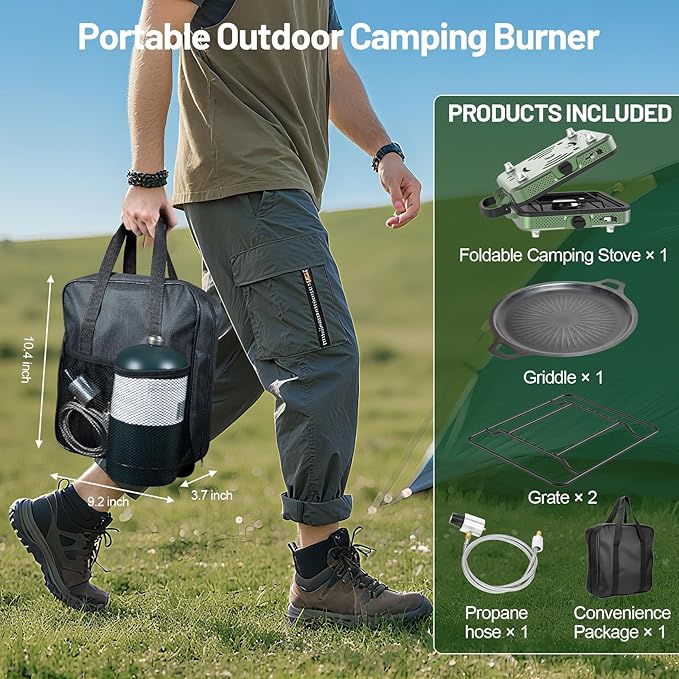 Portable Gas stove, 2 Burner Camping Stove with Griddle and Carrying Bag & Hose, 8600BTU Portable Gas Stove with Piezo Ignition & Adjustable Burners,for Camping Tailgating BBQ Essentials Gear