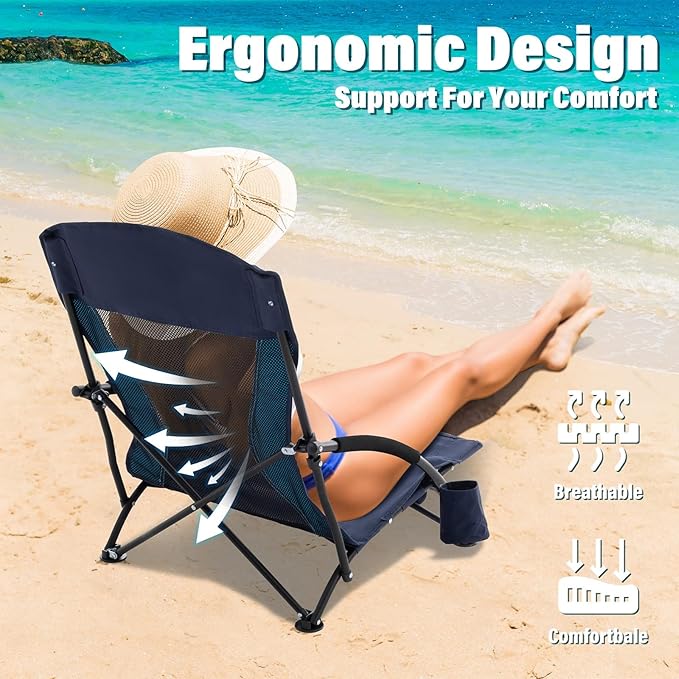 Homcosan Portable Low Folding Beach Chair - Lightweight Camping Chair for Adults with Cup Holder & Storage Pocket, Carry Bag Included (Navy & Blue)