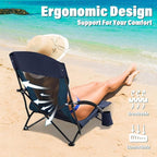 Homcosan Portable Low Folding Beach Chair - Lightweight Camping Chair for Adults with Cup Holder & Storage Pocket, Carry Bag Included (Navy & Blue)