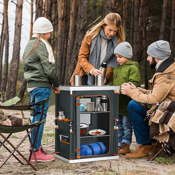 EAGLE PEAK Outdoor Folding Camping Table with Large 3-Tier Storage Organizer and Side Pockets, Easy Set Up Portable Aluminum Camping Kitchen, Gray