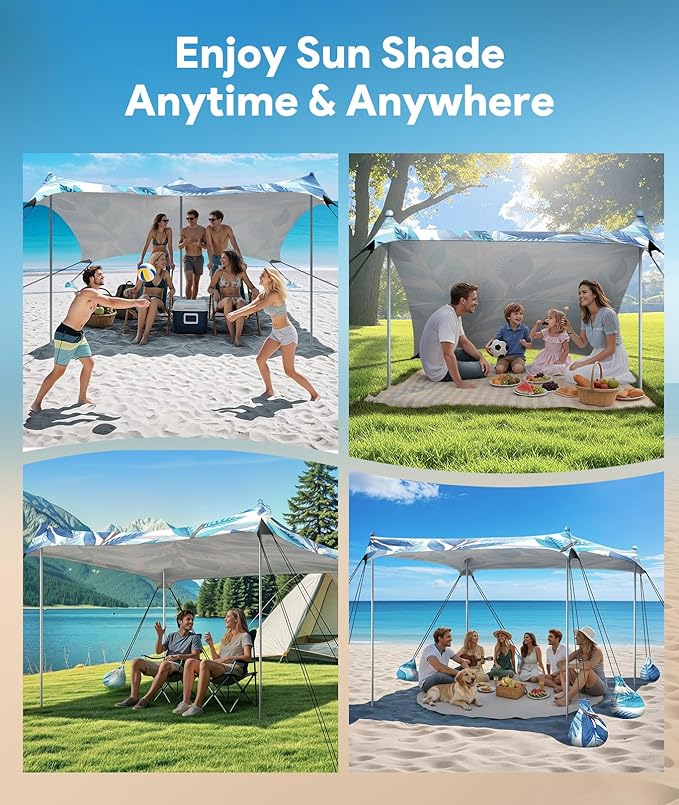 Beach Tent Sun Shelter, 10 x 10 FT Beach Canopy Tent Sun Shade, UPF50+ Tents Canopy with 8 Sandbags & 4 Stability Poles, Outdoor Tents for Camping Fishing, Leaf
