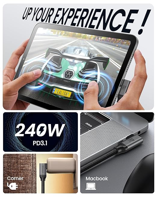 Silkland USB C Monitor Cable Right Angle 4FT, 8K@30Hz 5K/4K@60Hz Display, 20Gbps Data Transfer, 90 Degree USB C 3.2 Gen 2x2 Video Cable, 240W Charging for iPhone 17, MacBook, Portable Monitor, Carplay