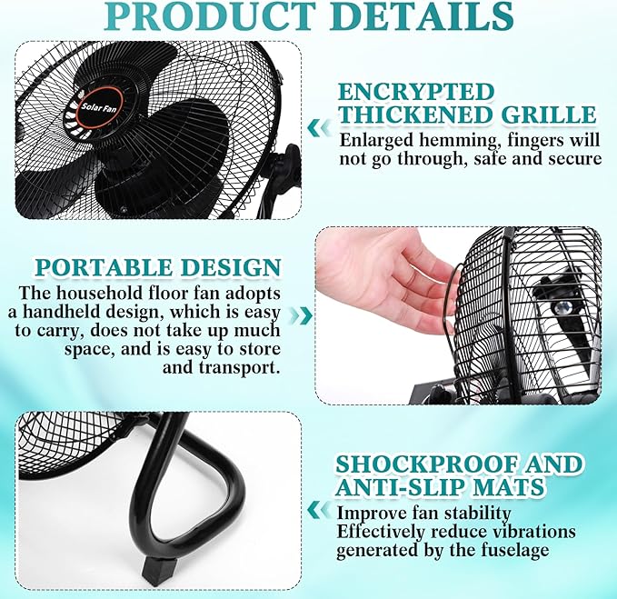 15000Mah 12 Inch Solar Panel Powered Fan, 2 in 1 Solar Panel or AC Charger Powered Fan 12W 9V Portable for Chicken Coop Greenhouse Household Exhaust Camping Travel Outdoor(Black)