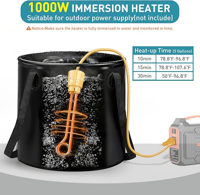 Portable Hot Shower for Camping Shower Tent Kit, 1000W Immersion Heater, Rechargeable Camping Shower Pump, Pop Up Shower Tent with 6.6 Gallons Folding Bucket for Adults Outdoor