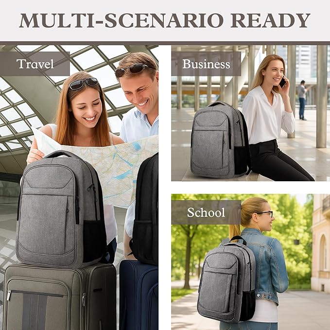 Travel Backpack, Laptop Backpack For Men Women, 17 Inch Water Resistant Slim Casual Daypack College School Travel Computer Nurse Work Bag Gift for Men & Women, Grey